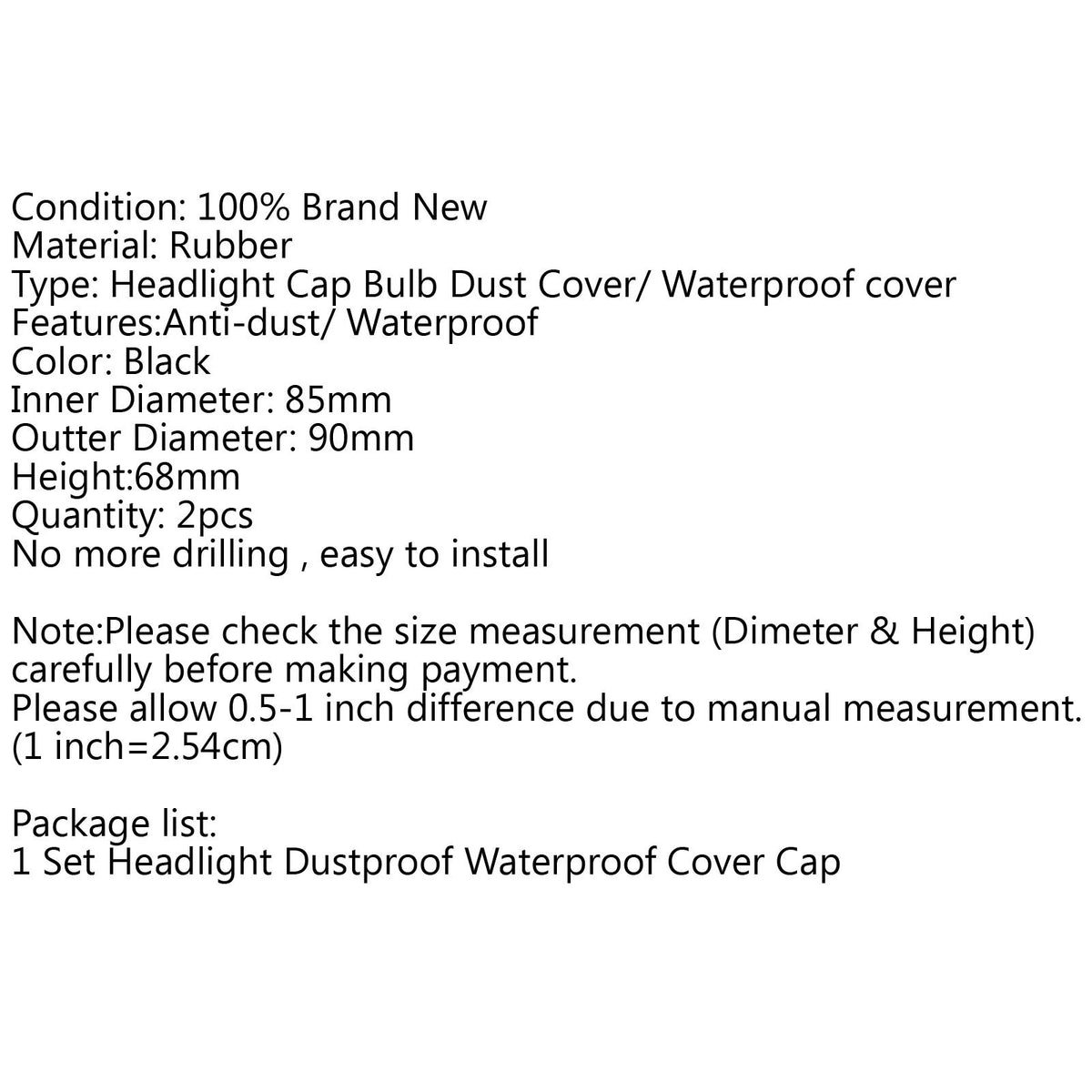 2pc 85mm Inner Diameter Rubber Housing Seal Cap Dust Cover For LED HID Headlight Generic