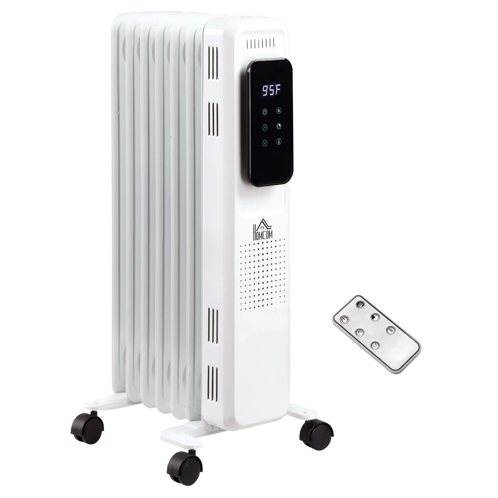 1500W 7-Fin Oil Filled Radiator Electric Space w/ Remote &amp; Wheels, White