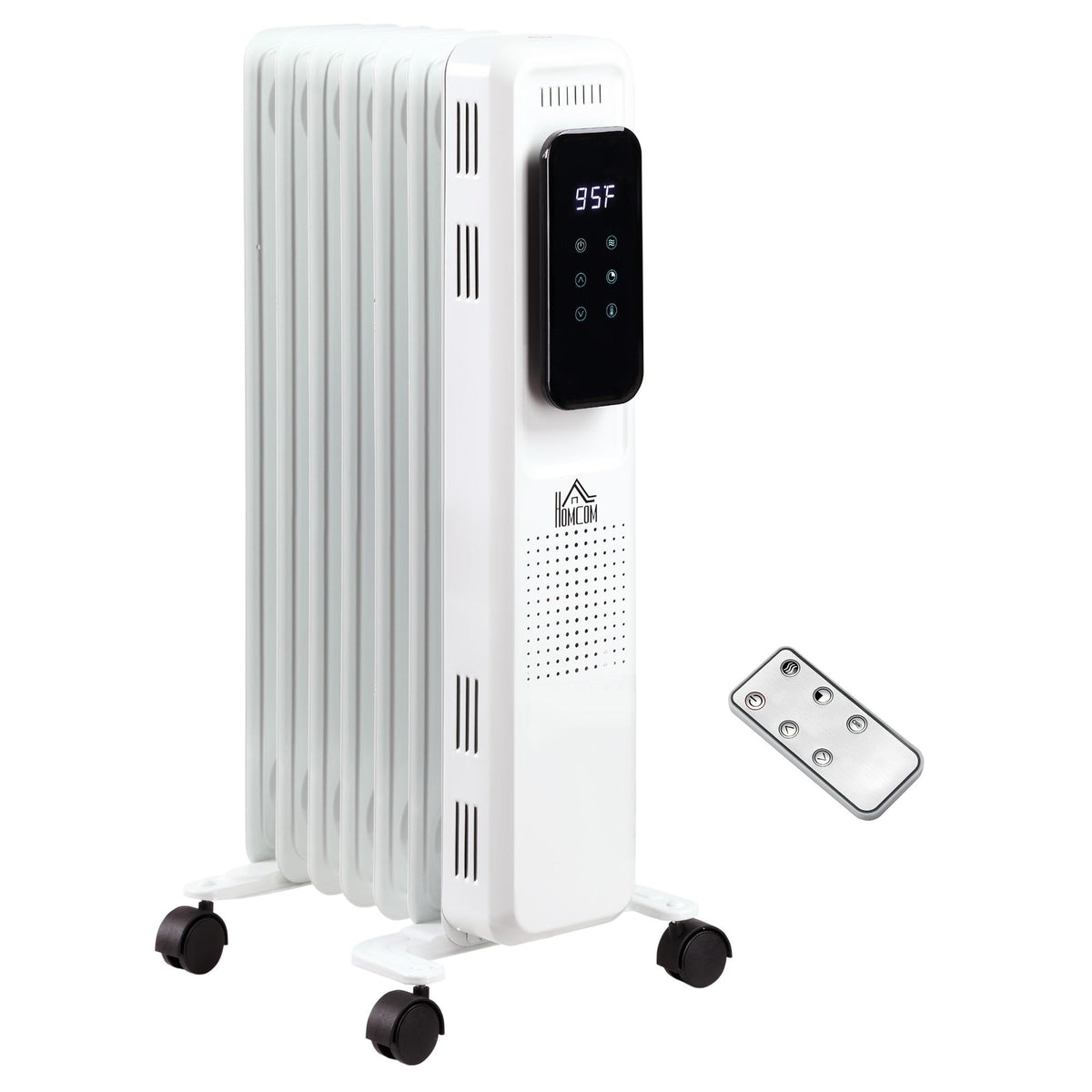 1500W 7-Fin Oil Filled Radiator Electric Space w/ Remote &amp; Wheels, White