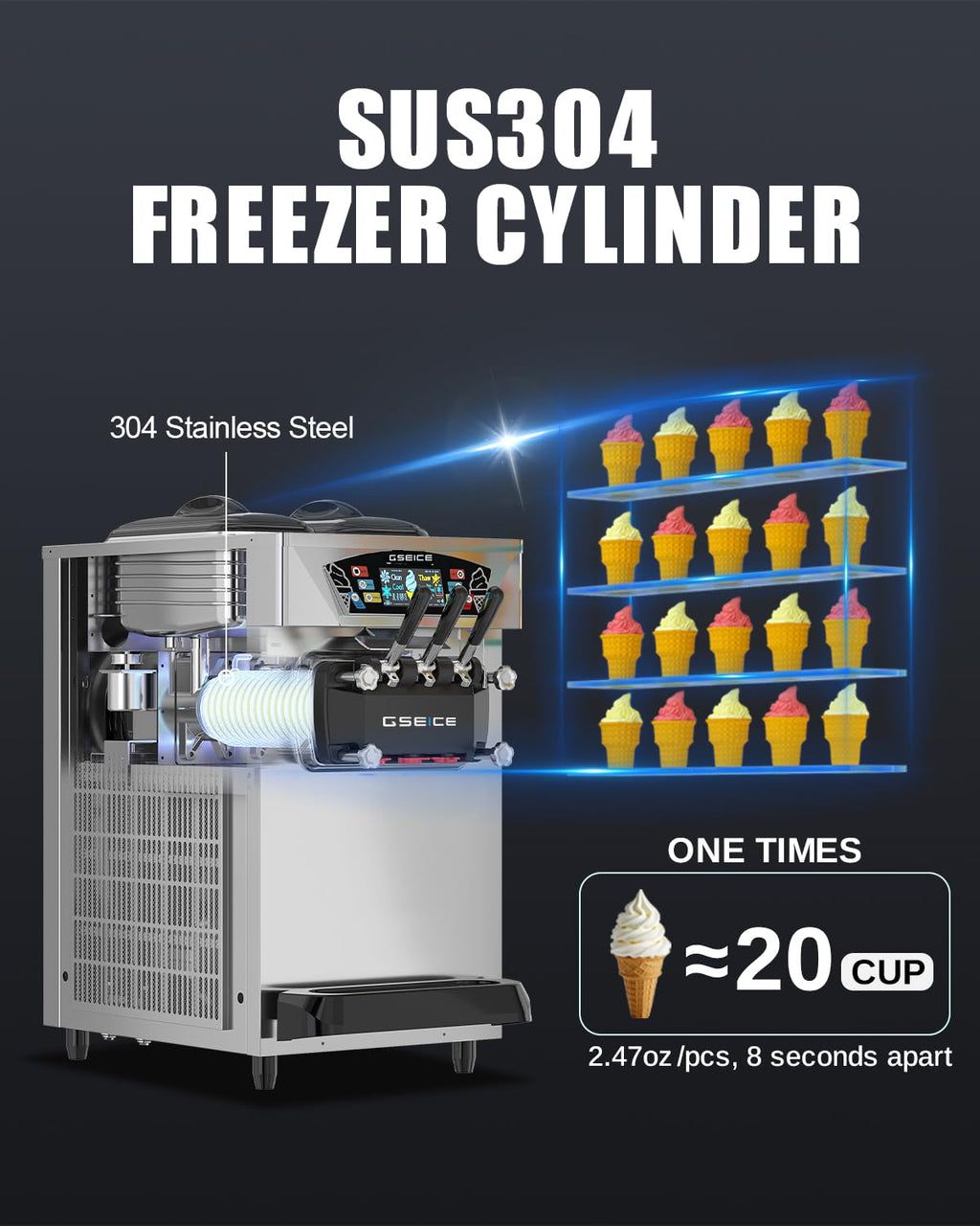 Commercial Ice Cream Maker, 6.8-8.4 Gal/H, 2 * 8L Hopper 110V Countertop Soft Serve Ice Cream Machine, 3 Flavors Puffing Alarm Pre-Cooling For Shops Cafes Dessert Stores, Auto Clean & Touch Screen