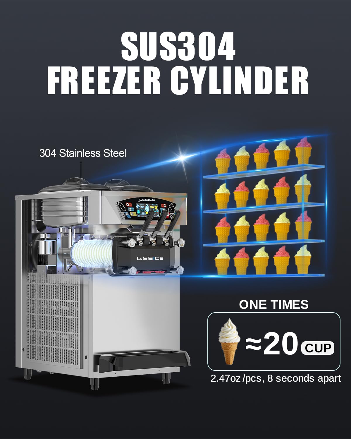 Commercial Ice Cream Maker, 6.8-8.4 Gal/H, 2 * 8L Hopper 110V Countertop Soft Serve Ice Cream Machine, 3 Flavors Puffing Alarm Pre-Cooling For Shops Cafes Dessert Stores, Auto Clean & Touch Screen