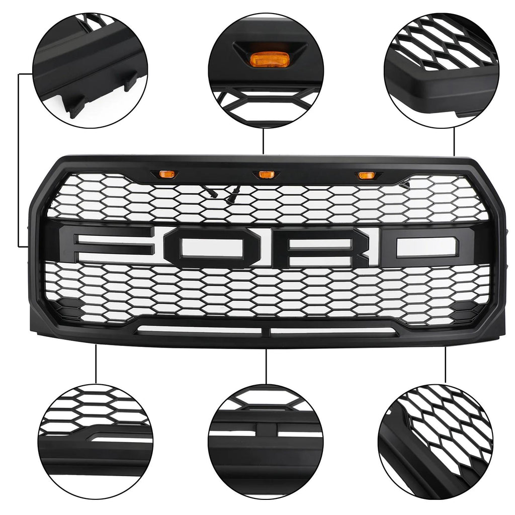 2015-2023 F150 Ford Raptor Style Black Front Bumper Grill W/ LED Grille Replacement Generic