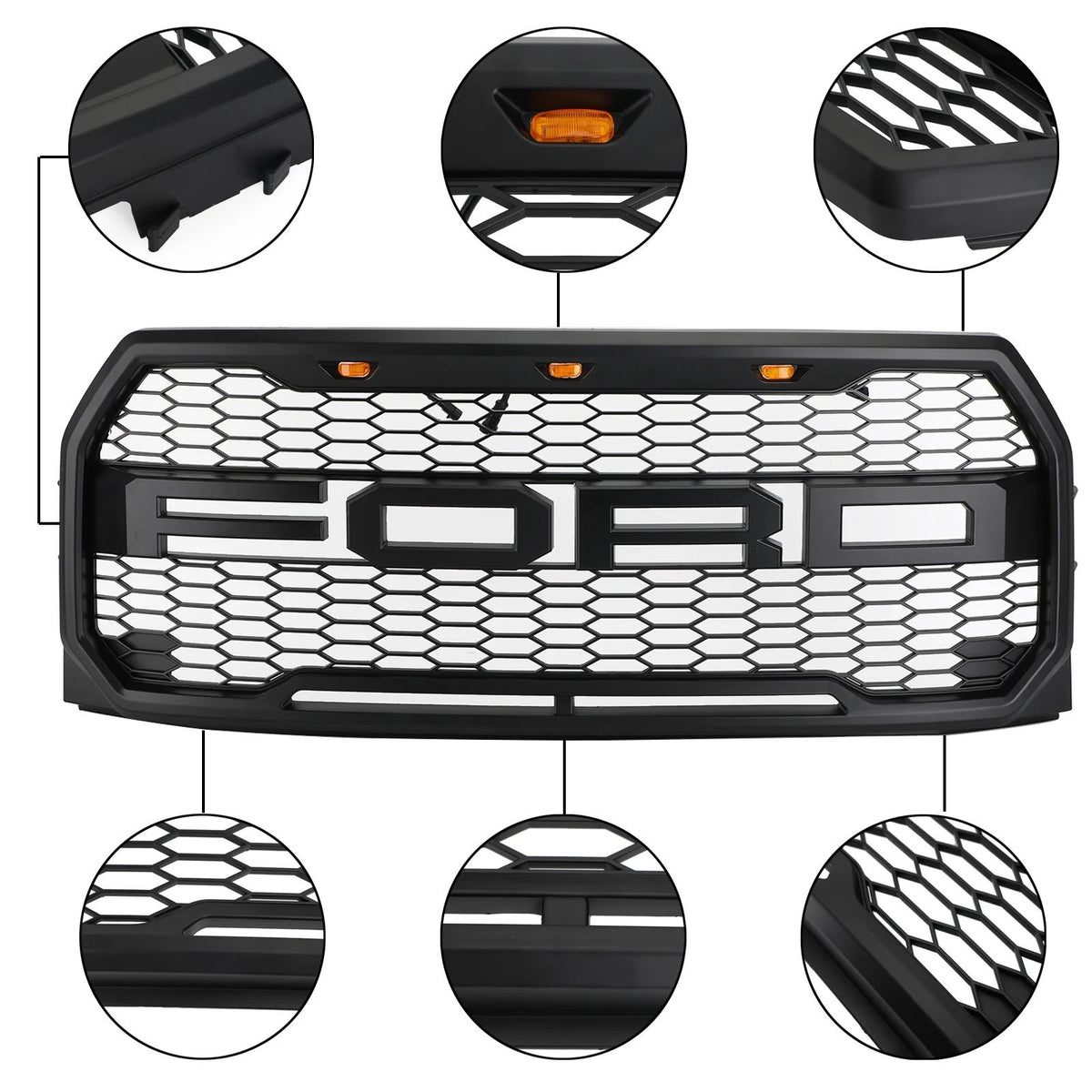 2015-2023 F150 Ford Raptor Style Black Front Bumper Grill W/ LED Grille Replacement Generic