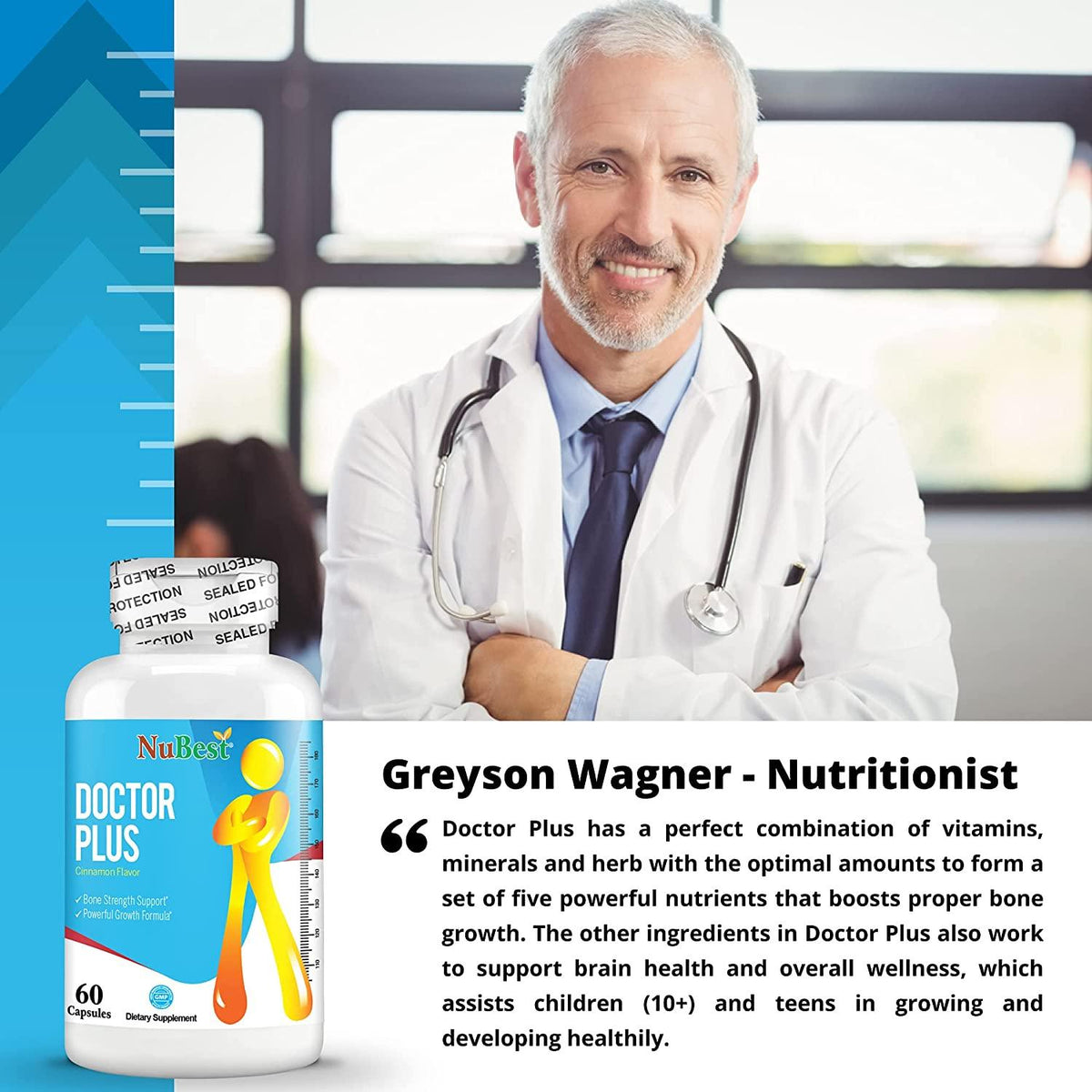 Doctor Plus - Powerful Growth Boost - Promotes Strong and Healthy Bones - Immunity Support - for Children (10+) and Teens - 60 Capsules (Pack of 12)