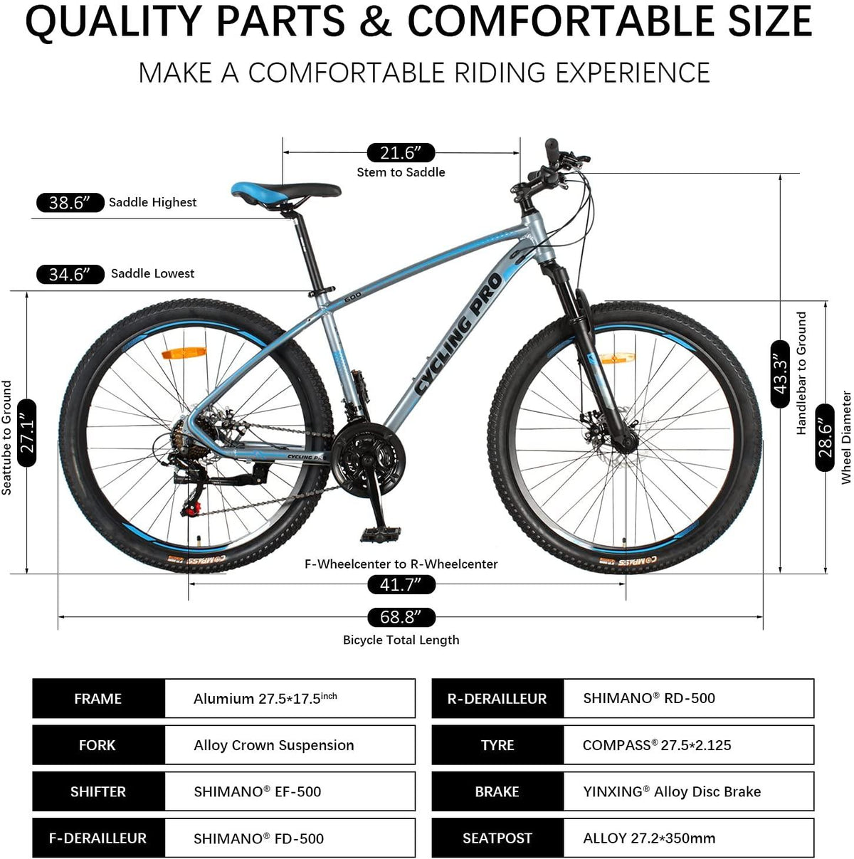 AMOWARE Mountain Bike for Adults, 17 Inch Aluminum Frame Size, 21 Speeds, 27.5-Inch Wheels,Full Suspension Disc Brake, Front and Rear Brakes