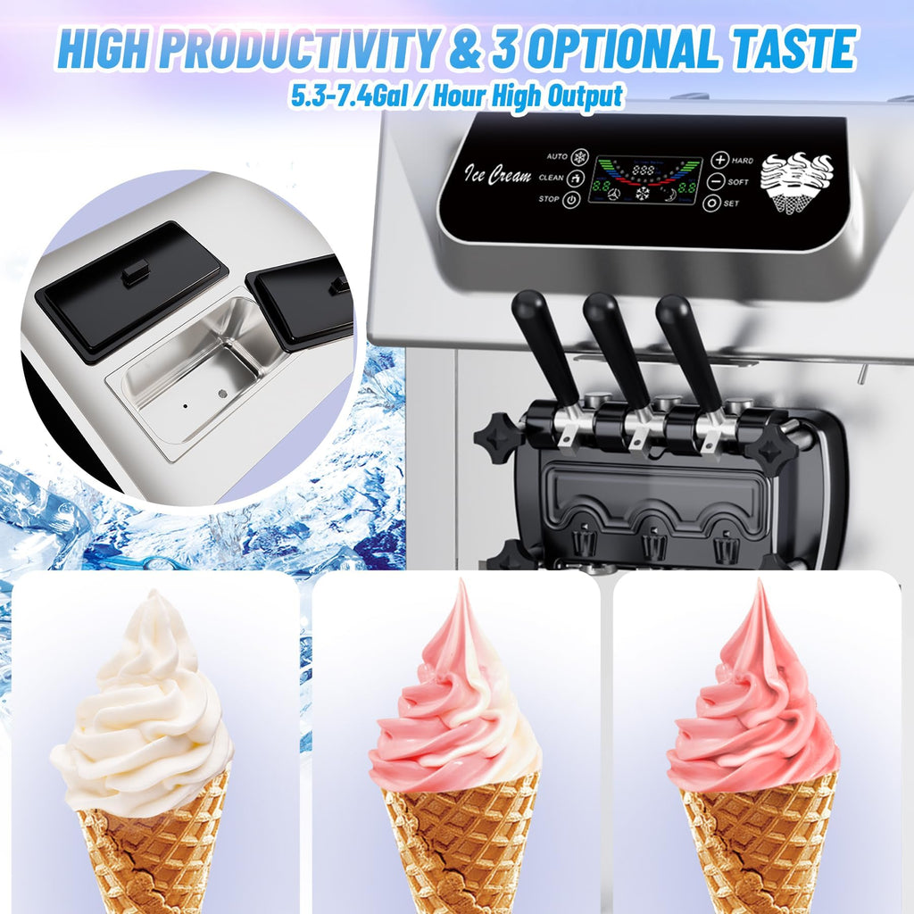 Commercial 2+1 Flavor Soft Ice Cream Machine, 5.8 to 8 gal Per Hour Soft Serve, 2200W  Steel Vertical Ice Cream Maker with Self-Cleaning, High Productivity, Perfect for Home and Snack Bar