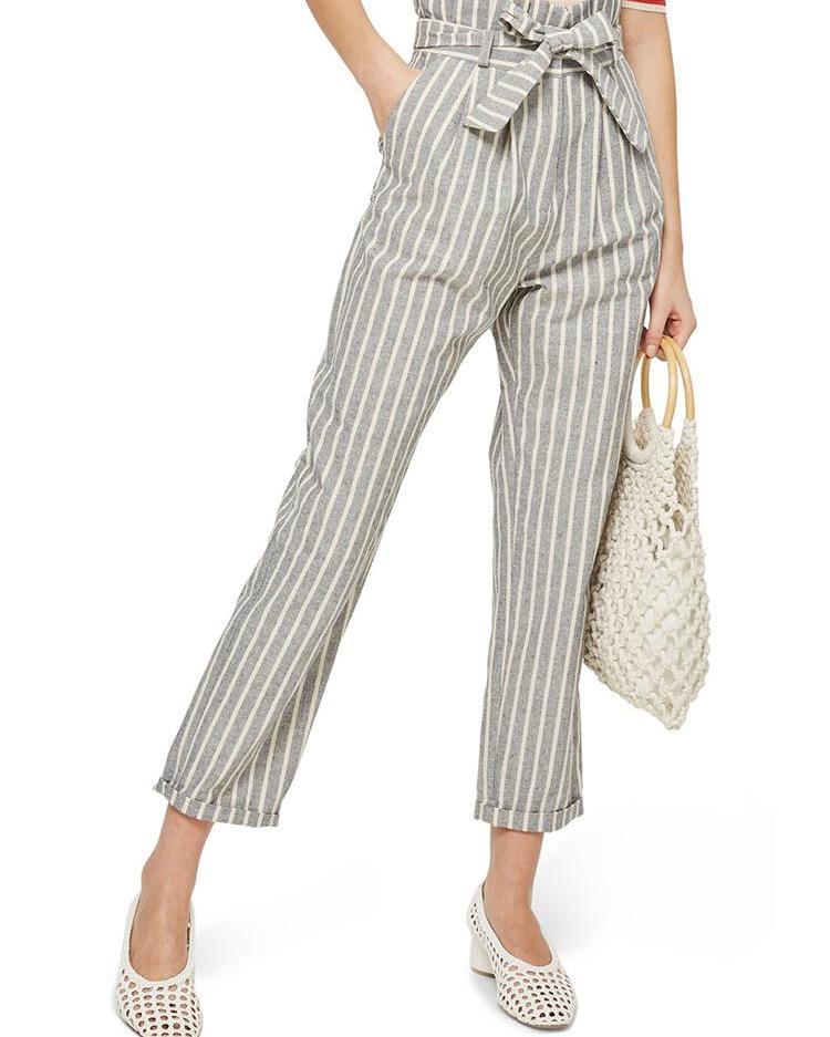 striped belted high waist roll up hem pants