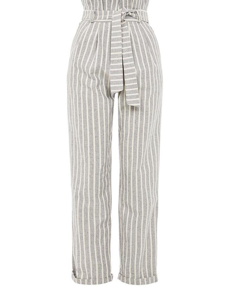 striped belted high waist roll up hem pants