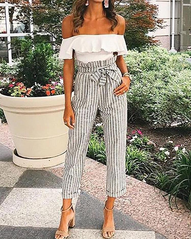 striped belted high waist roll up hem pants