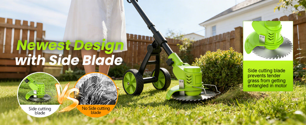 Weed Wacker Battery Powered with Wheel, Electric Weed Eater Cordless Brush Cutter String Trimmer, 4000mAh Stringless Weed Trimmer Lightweight Grass Trimmer Mower, 2 Battery and Charegr