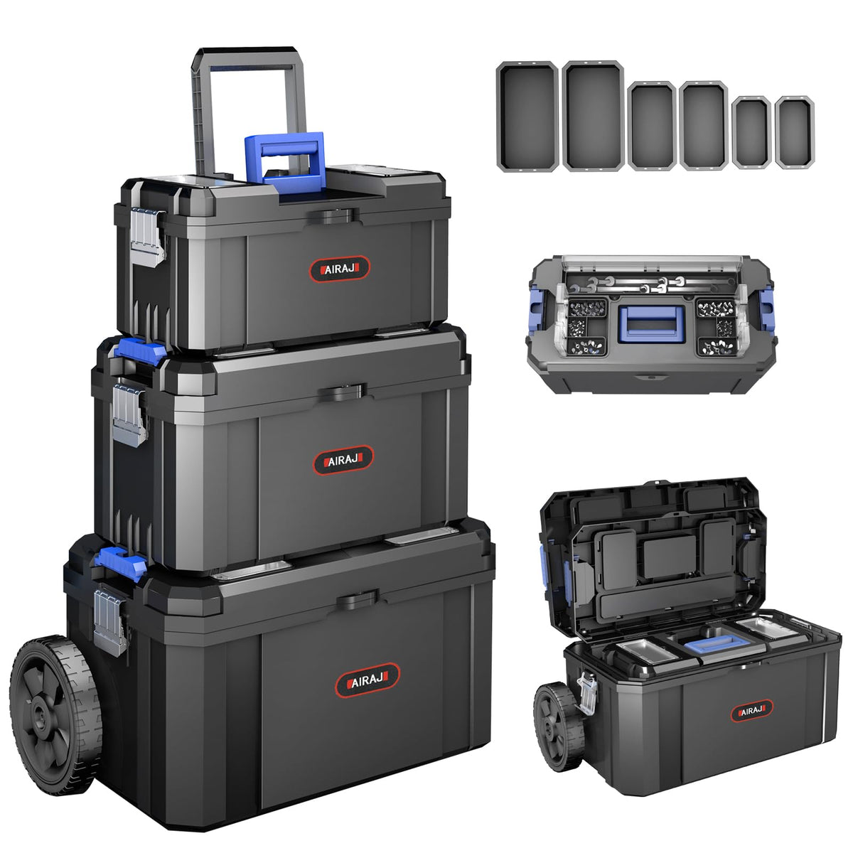 3 IN 1 Rolling Tool Box With Wheels,Stackable Tool Box,Modular Tools StoraOrganizer,Top Small Parts Organizer ,With Removable Small Parts Box,for Home,Repair,GaraStorage,17 IN+19 IN+21 IN