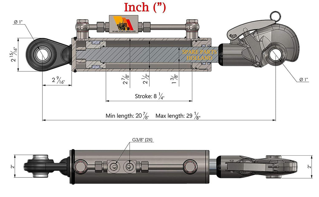 hydraulic top link cat. 2 +2 hooks 20 7/8” - 29 1/8” stroke locking block hoses stroke 8 1/4”