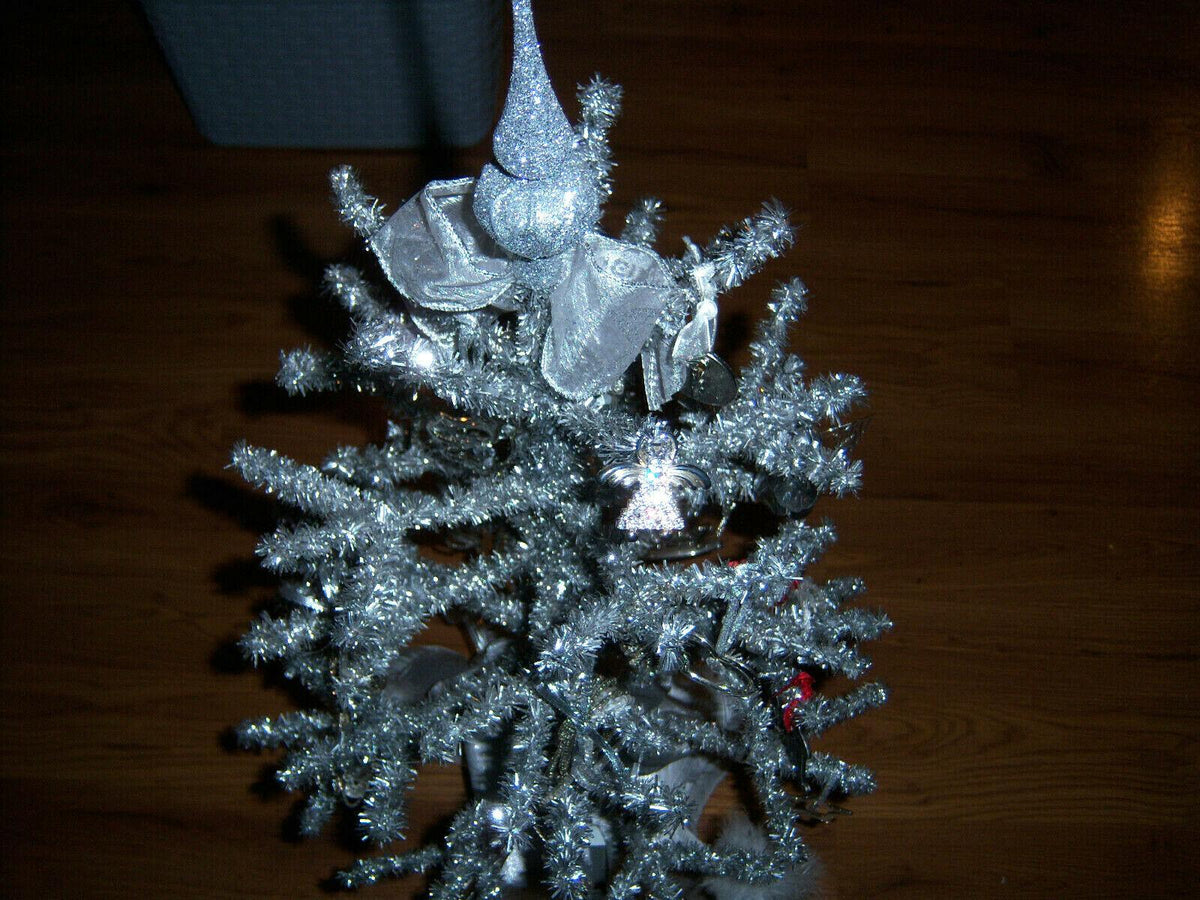 PRETTY RETRO 3 FT VTG WIRED TINSEL SILVER FEATHER STYLE XMAS TREE ORNAMENTS