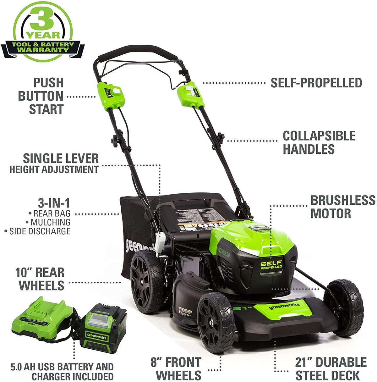 Greenworks 40V Brushless Self-Propelled Lawn Mower, 21-Inch Electric Lawn Mower, 5.0Ah Battery and Charger Included