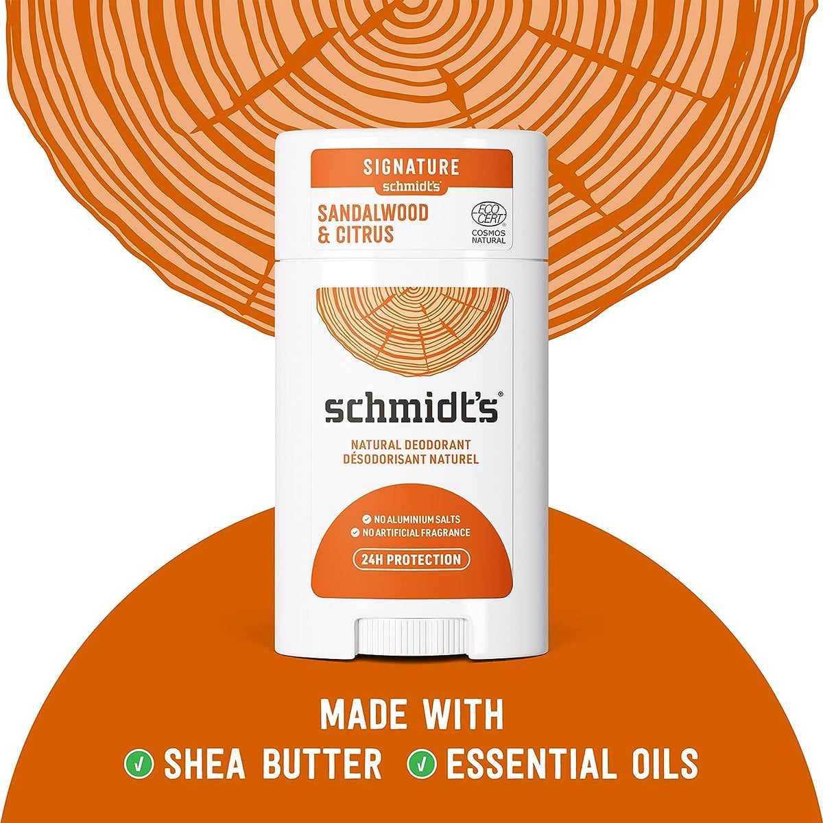 Schmidt's Aluminum Free Natural Deodorant for Women and Men, Sandalwood and Citrus with 24 Hour Odor Protection, Certified Natural, Vegan, Cruelty Free, 2.65 oz Pack of 2