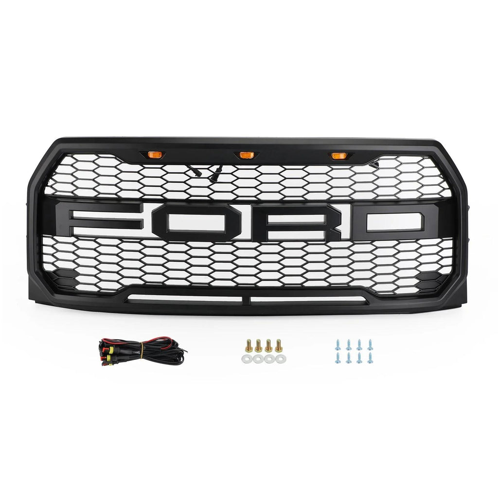 2015-2023 F150 Ford Raptor Style Black Front Bumper Grill W/ LED Grille Replacement Generic