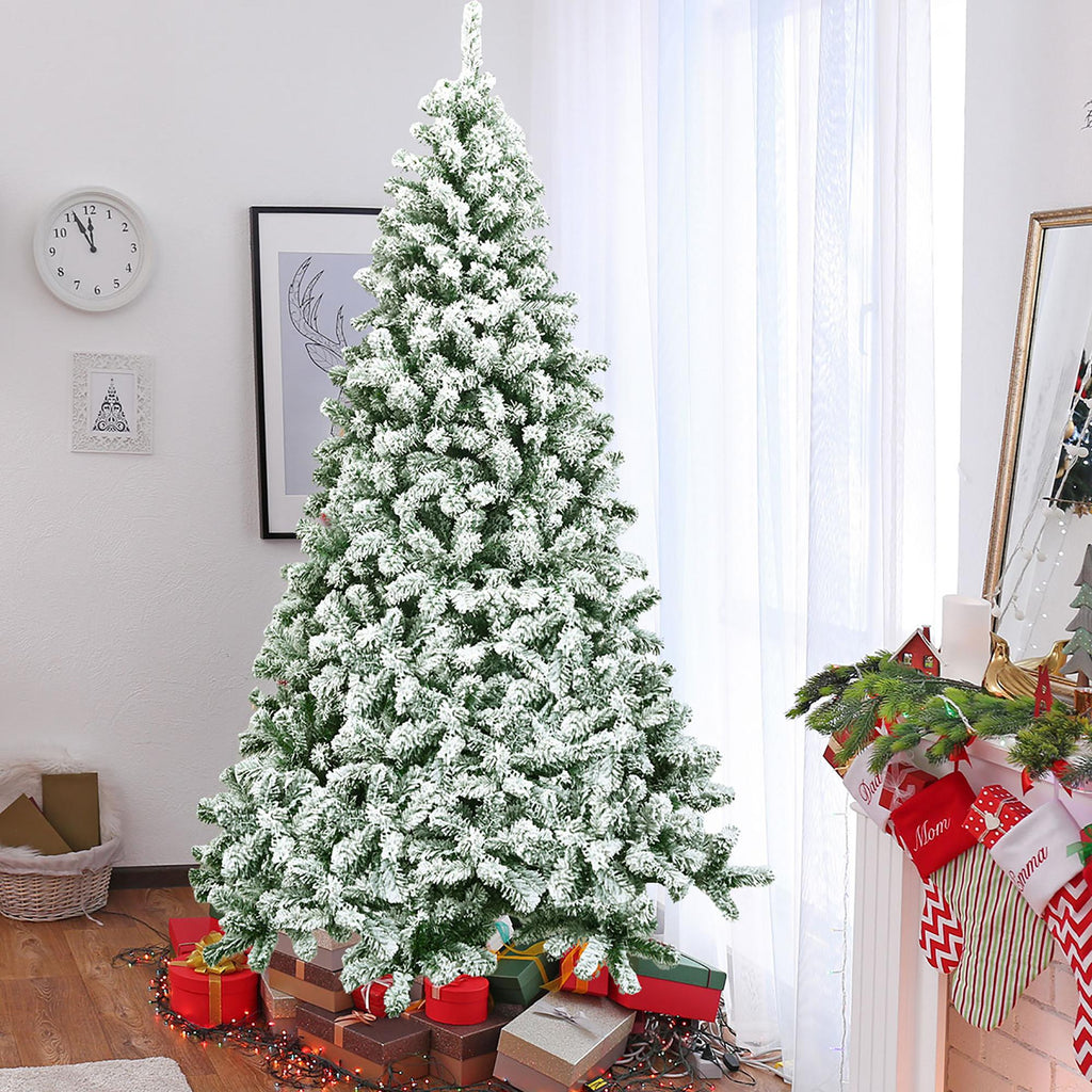 Costway 7.5FT Snow Flocked Artificial Christmas Tree Hinged w/1346 Tip and Foldable Base