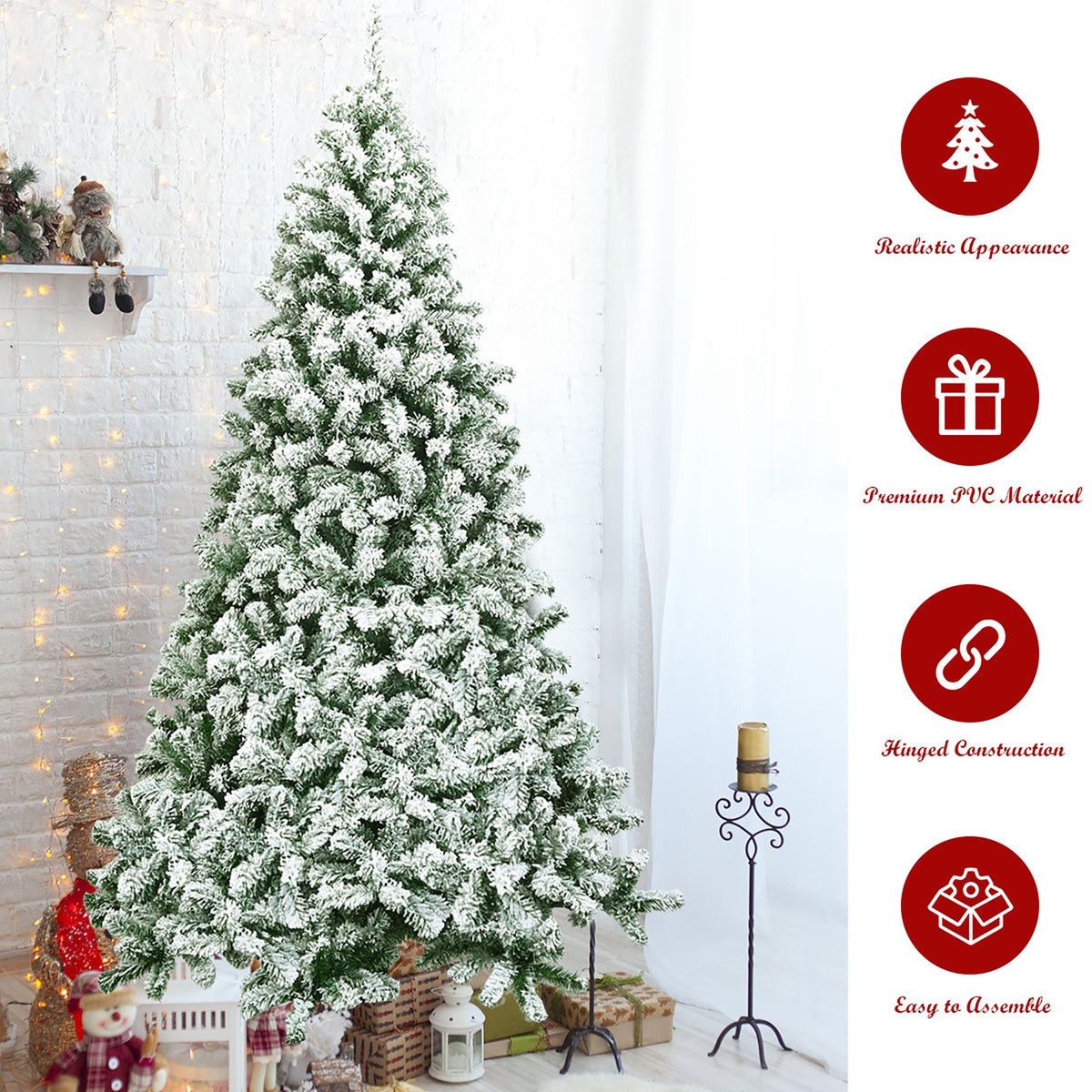 Costway 7.5FT Snow Flocked Artificial Christmas Tree Hinged w/1346 Tip and Foldable Base