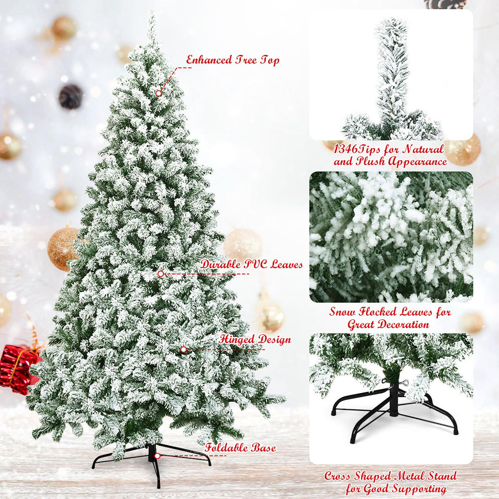 Costway 7.5FT Snow Flocked Artificial Christmas Tree Hinged w/1346 Tip and Foldable Base