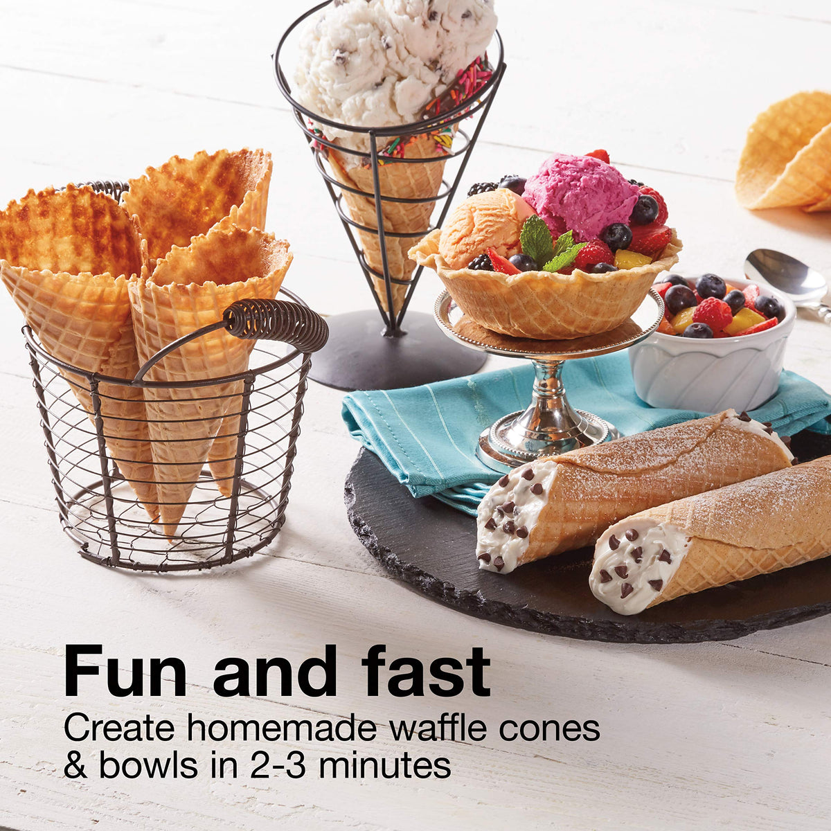 Waffle Cone and Ice Cream Bowl Maker With Browning Control | Fun And Fast, Cooks In 2-3 Minutes | Includes Cone Shaper Roller & Cup Press | 7.5” PFAS-Non-Stick Plates | White