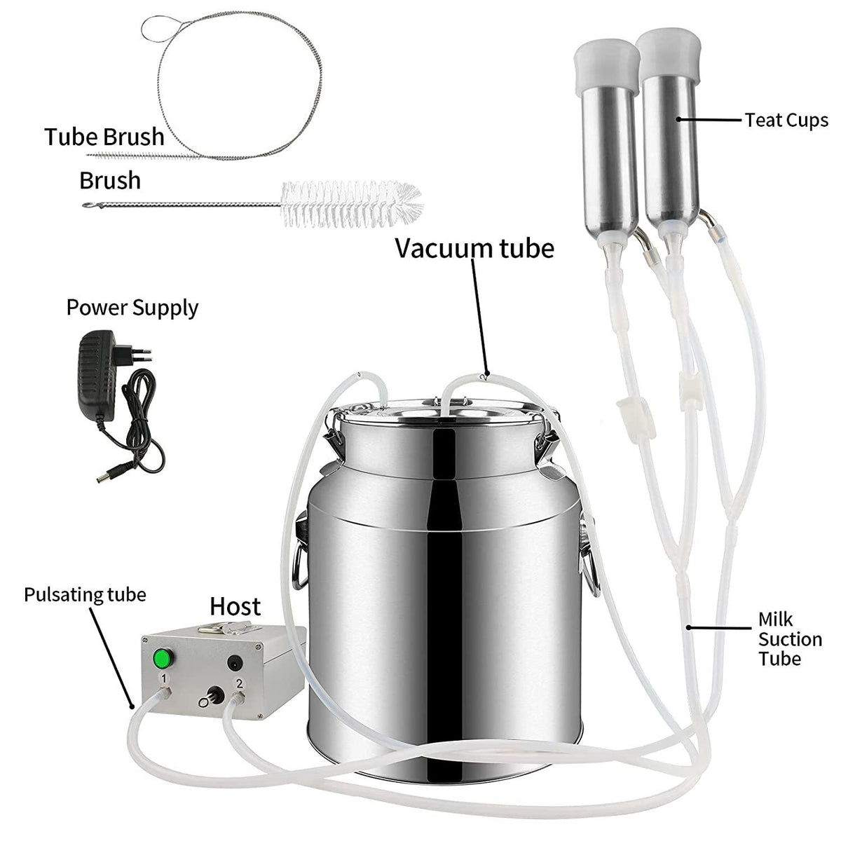 portable cow milking machine, 7l/14l pulsation vacuum pump milker, electric livestock milking equipment w/food-grade bucket, auto-stop milking machine for cows (7l)