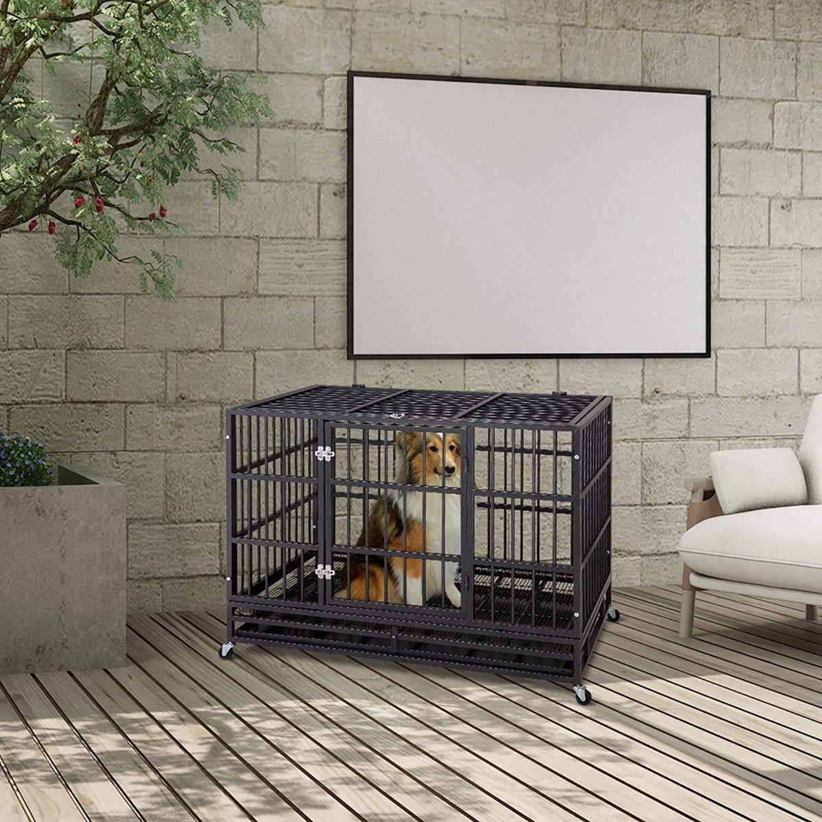 JY QAQA PET Heavy Duty Dog CageStrong Folding Metal Crate Kennel and Playpen for Medium and LarDogs with Double Door, Two Prevent Escape Lock, Tray and Rolling Wheels (36 42 48")