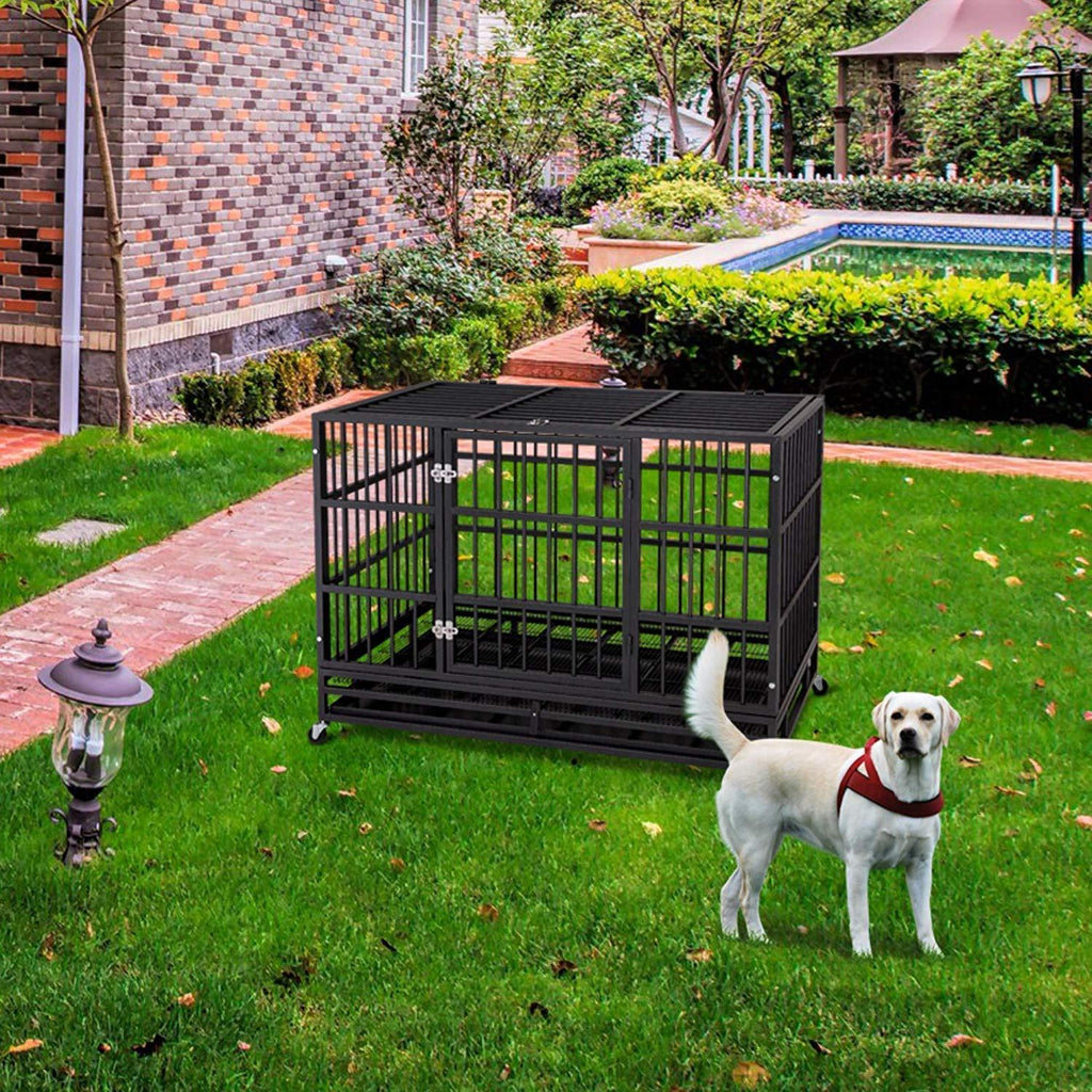 JY QAQA PET Heavy Duty Dog CageStrong Folding Metal Crate Kennel and Playpen for Medium and LarDogs with Double Door, Two Prevent Escape Lock, Tray and Rolling Wheels (36 42 48")