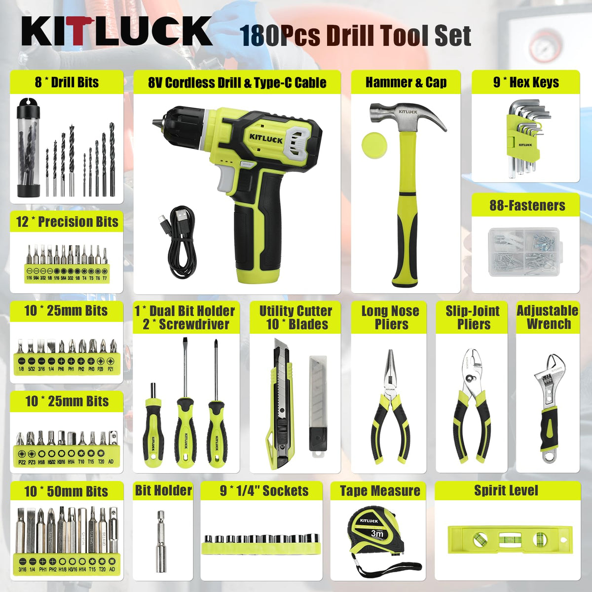 Power Drill Set, 180Pcs Home Hand Tool Kit with 8V Drill, Portable Tool box Kit with Screwdriver, Plier, Wrench, Socket, Harmer, Household Cordless Drill Set for Men Women Home