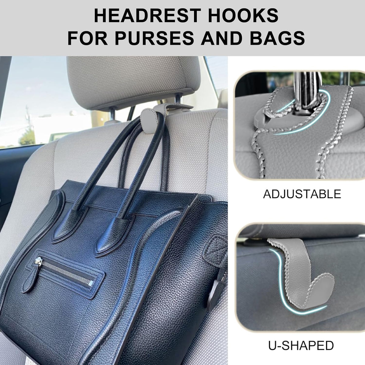 EldHus Seat Hooks for Purses and Bags, 4 Pack Car Purse Holder for Grocery Bag Handbag Clothes, Metal Headrest Hooks Covered by Leather, Grey
