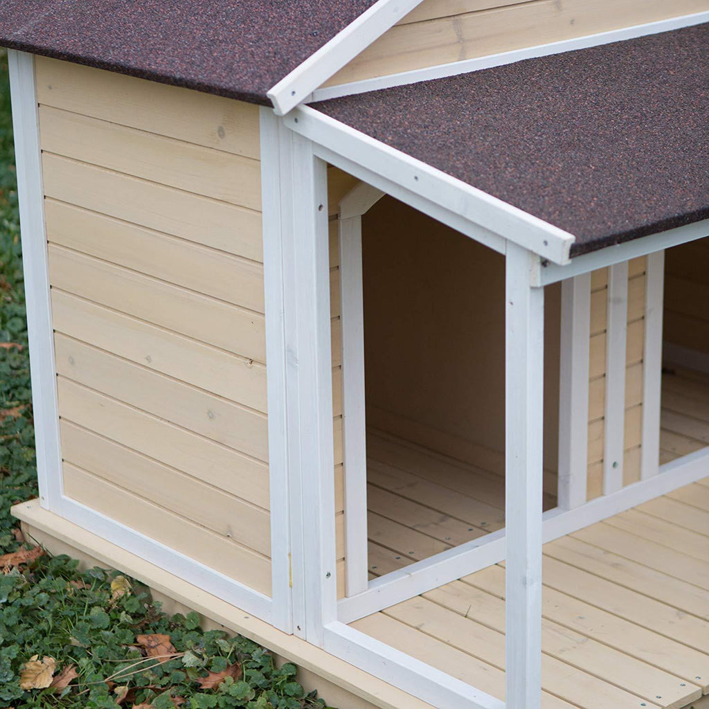 Antique LarDog House W Roof Solid Penthouse Kennels Crates Duplex 51x43x43 W Balcony &amp; Ez Entrance for Two Dogs. For Outdoor Dog Bed Has a Raised Bottom and Natural Insulation. White Wash