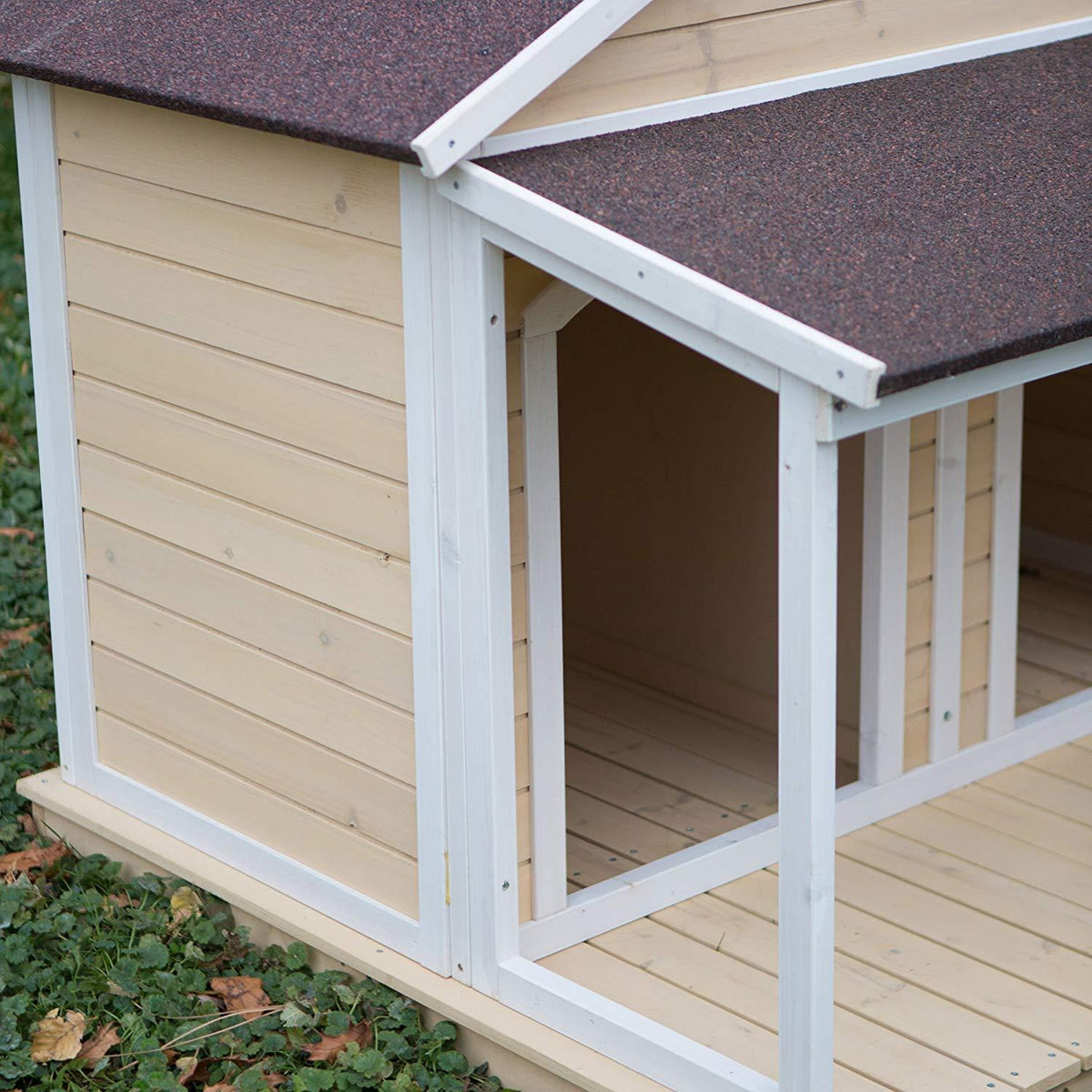Antique LarDog House W Roof Solid Penthouse Kennels Crates Duplex 51x43x43 W Balcony &amp; Ez Entrance for Two Dogs. For Outdoor Dog Bed Has a Raised Bottom and Natural Insulation. White Wash