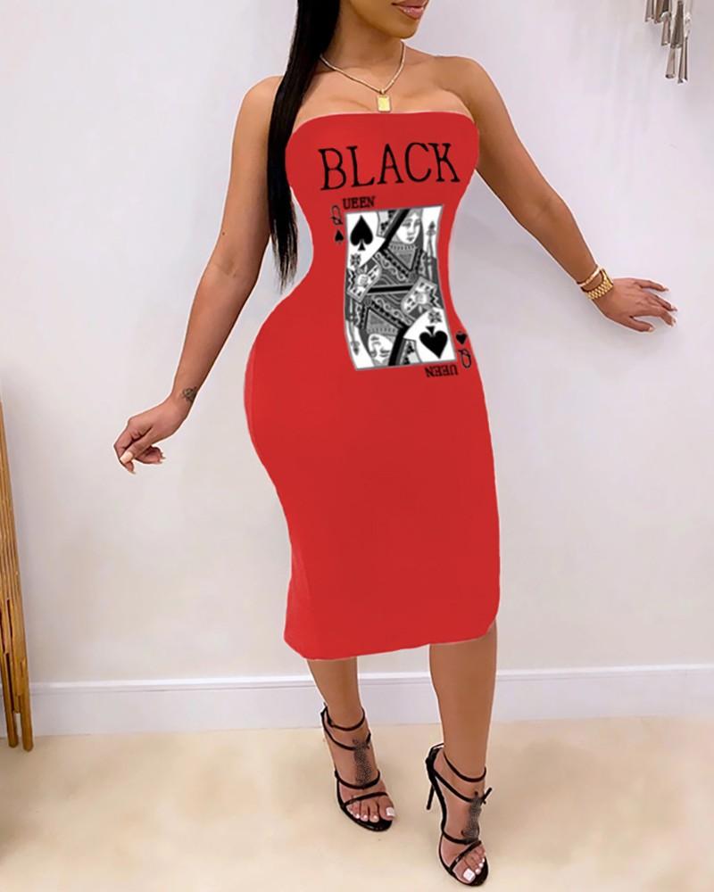 Letter Poker Print Bandeau Slit Dress