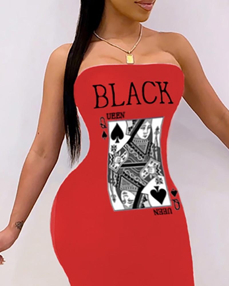 Letter Poker Print Bandeau Slit Dress