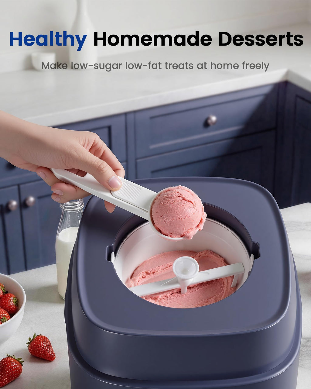 4-in-1 Compressor Ice Cream Maker (1.0Qt), No Pre-Freezing, Automatic Yogurt Maker, Gelato Sorbet Frozen Yogurt Soft Serve Machine, Compact Vertical  for Home Kitchen(Blue)