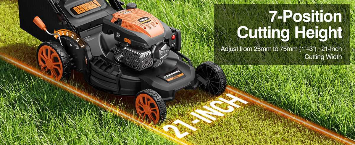 21” Self-Propelled Gas Lawn Mower, 170CC 4-in-1 Mulch/Rear Bag/Side Discharge/Rear Discharge, Foldable Gas Powered Lawn Mowers with 7-Position Cutting Height, Walk-Behind Gas Lawnmower (Yellow)