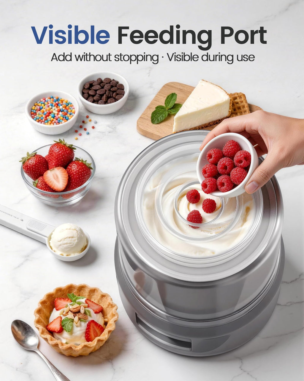 2.1 Qt Countertop Ice Cream Maker – Make Gelato, Sorbet & Frozen Yogurt in as Little as 20–30 Minutes, Fast Cooling, Visible Feeding Port, Easy 3-Button Control (Gray)