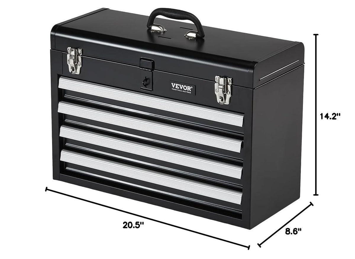 Metal Tool Box, 20.5-inch, Portable Metal Tool Box with 4 Drawers, Small Tool Chest with EVA Liners, Ball Bearing Slide Drawers Loc& Powder Coated Finish, Multi-Function Tool Organizer