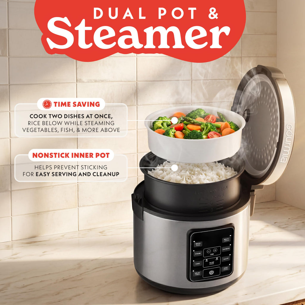 Rice Cooker – 5 Qt Capacity, 20 Cup Cooked, 10 Cup Uncooked, Digital Controls, 6 CooPresets, Grain Cooker & Steamer, Nonstick Pot, Steam Tray, Delay Timer, Keep Warm,  Steel