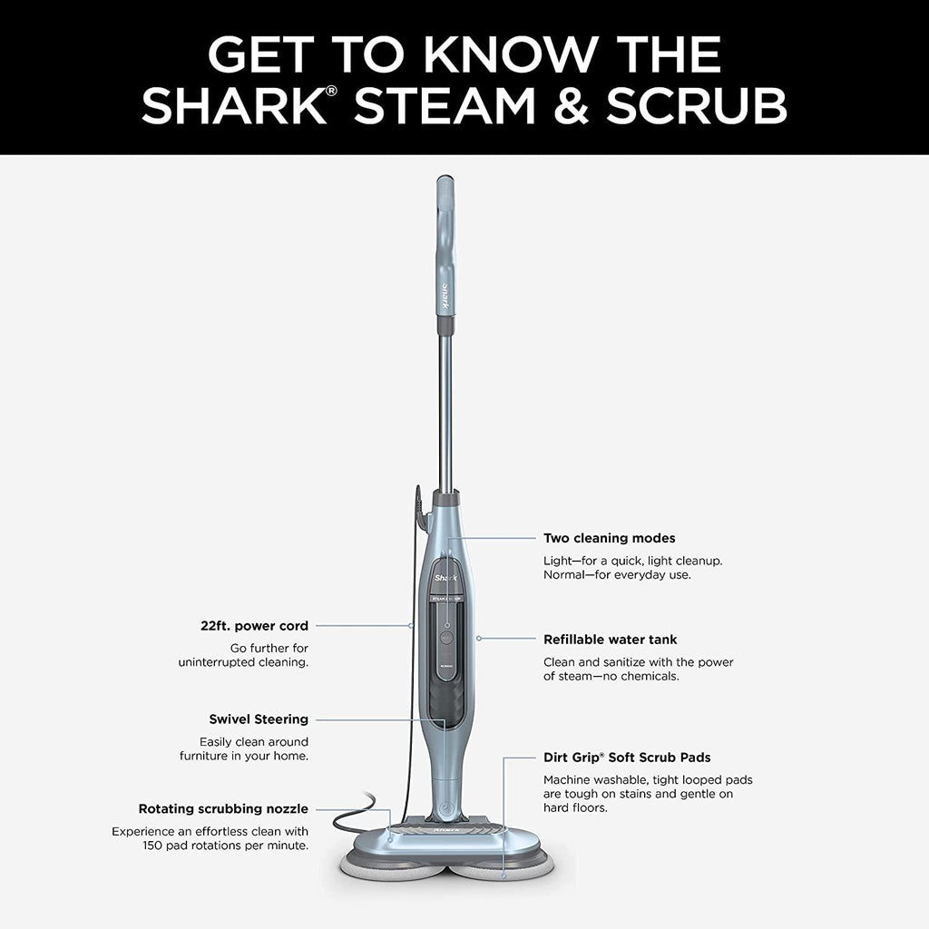 Shark S7000AMZ Steam Mop, Steam &amp; Scrub All-in-One Scrubbing and Sanitizing, Designed for Hard Floors, with 6 Dirt Grip Soft Scrub Washable Pads &amp; 2 Steam Modes, Pure Water Blue