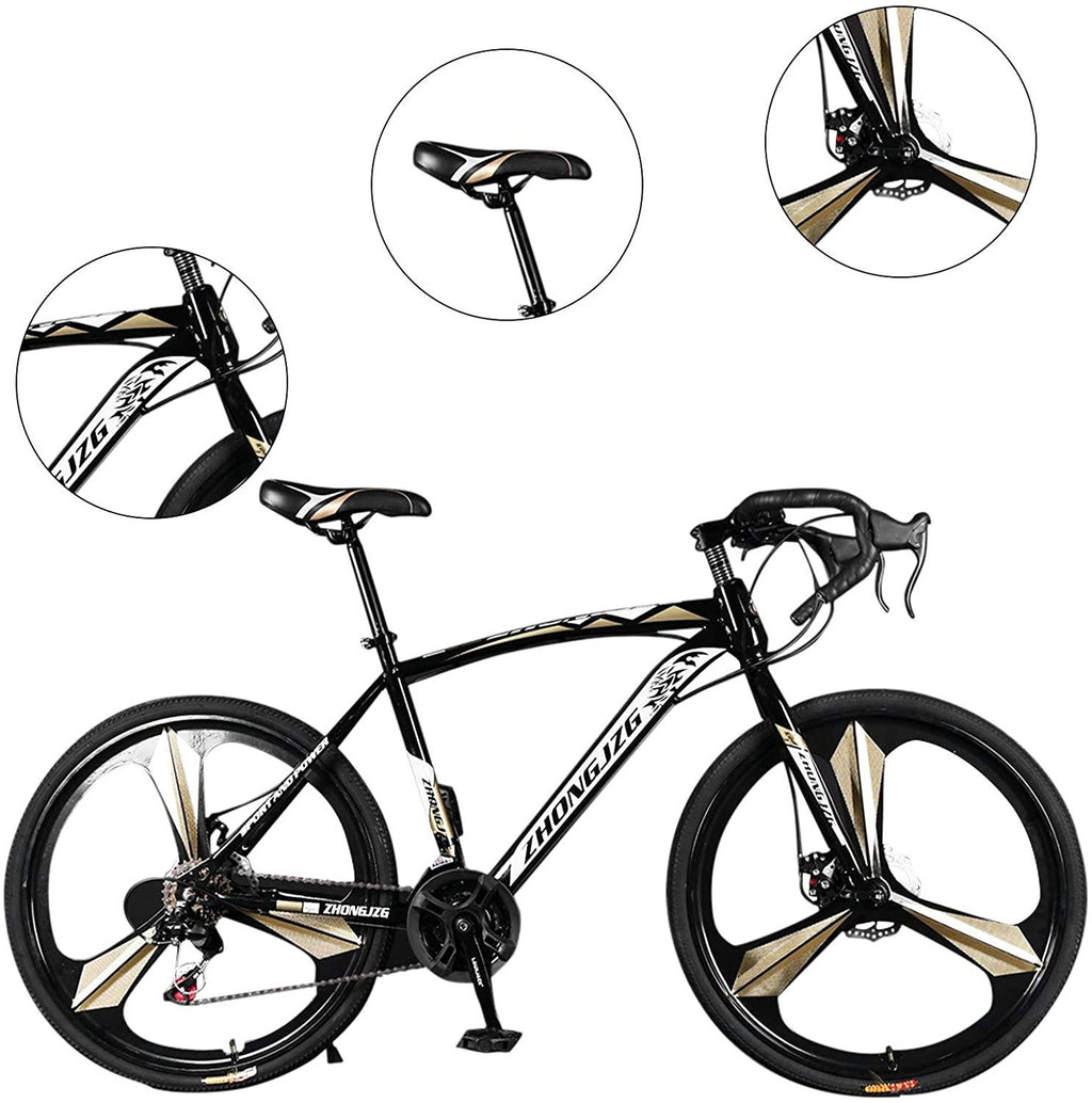amidoa Road Bike Aluminum 700C Wheels 21 Speed Dual Disc Brakes Full Suspension 26 inch Road Bicycles with Simanos Aluminum Frame for Men Women(Gold), Small