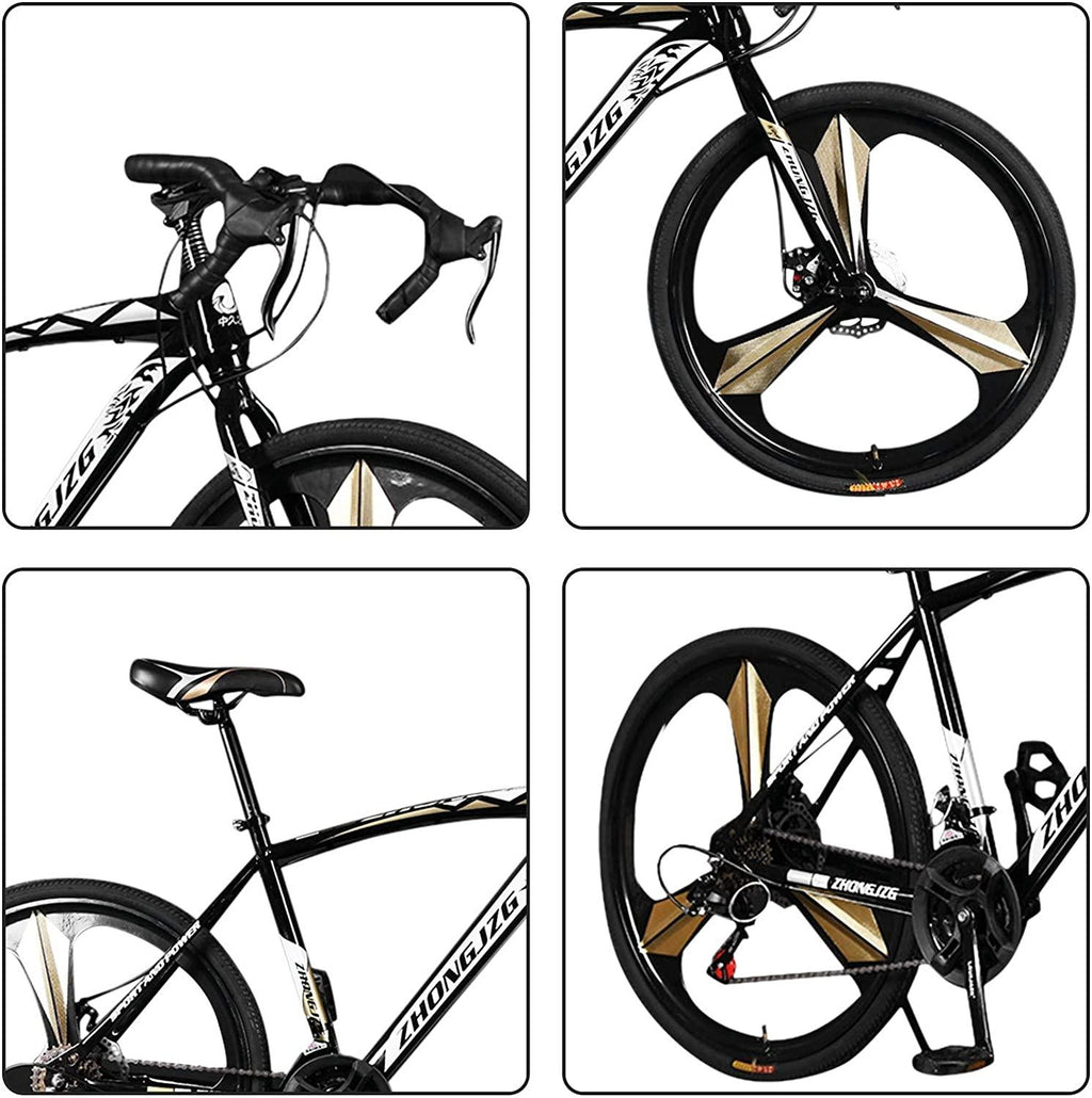 amidoa Road Bike Aluminum 700C Wheels 21 Speed Dual Disc Brakes Full Suspension 26 inch Road Bicycles with Simanos Aluminum Frame for Men Women(Gold), Small