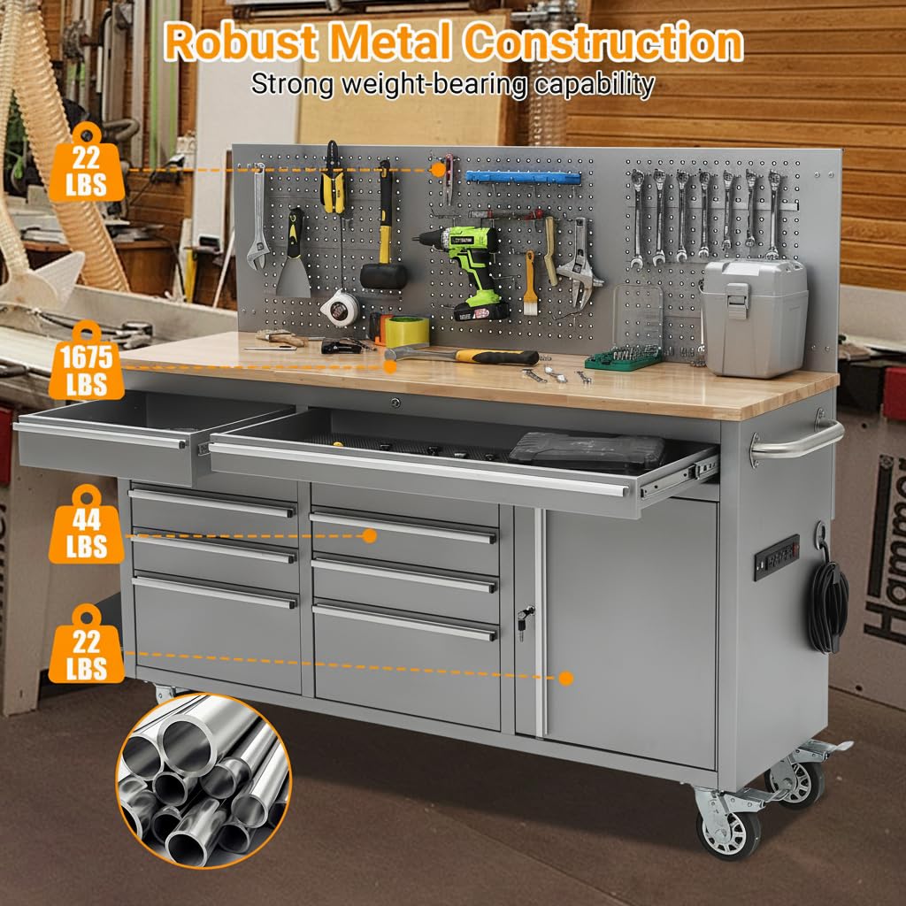 61-inch Rolling Tool Chest, 10 Drawers GaraWorkbench StoraTool Cabinet with Power Strip, Solid Rubber Top, 1675 LBS Load Mobile Workstation, Heavy Duty Rolling Cabinet, Silver