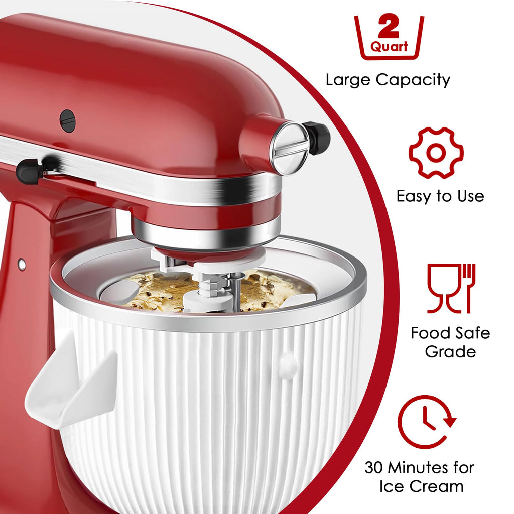 Ice Cream Maker Attachment for  Mixers, Fits  4.5/5QT & 6QT Stand Mixers, Frozen Ice Cream & Sorbet Gelato Maker for , 2 Quart, White(Machine/Mixer Not Included)