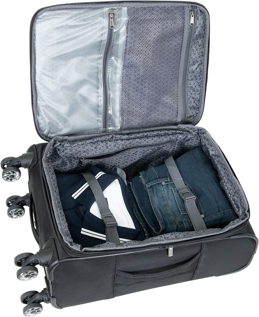 Rugged Roamer Luggage Collection Lightweight Softside Expandable 8-Wheel Spinner Travel Suitcase Bag, Black, 20-inch Carry-On