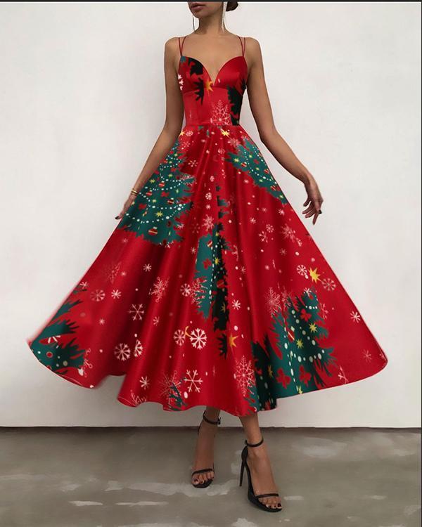 women elegant open back print christmas party dress sling maxi swing dress