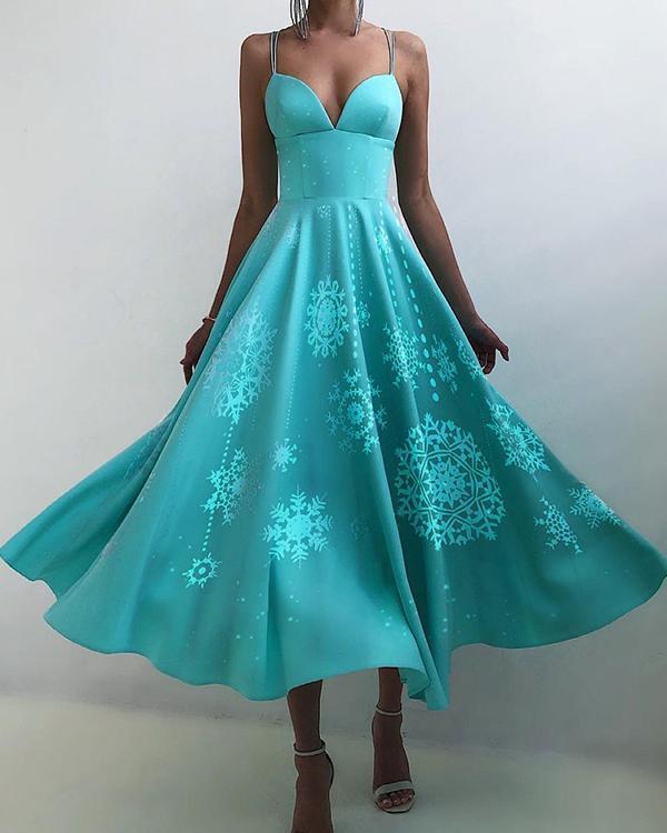 women elegant open back print christmas party dress sling maxi swing dress