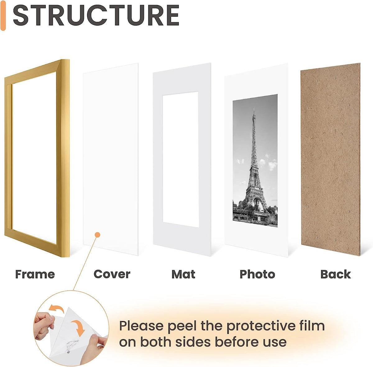upsimples 12x16 Picture Frame Set of 5, Display Pictures 8.5x11 with Mat or 12x16 Without Mat, Wall Gallery Photo Frames,Gold