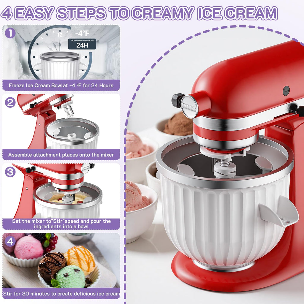 Ice Cream Maker Attachment for  Stand Mixer, Fits 4.5Qt and Larger  Mixers, 2 Quart Frozen Yogurt, Sorbet & Gelato Ice Cream Bowl by