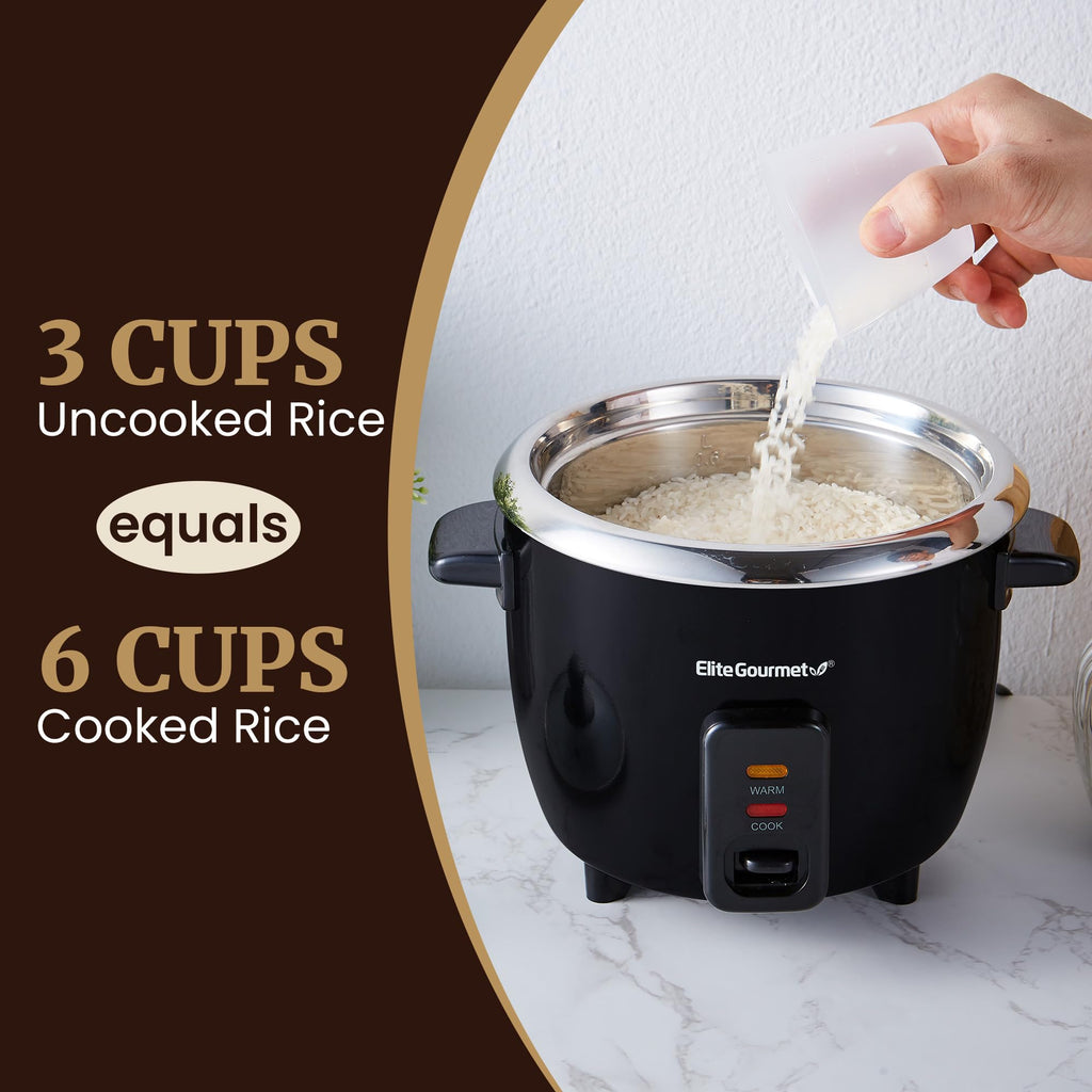 ERC006SS 6-Cup Electric Rice Cooker with  Steel Inner Pot, Makes Soups, Stews, Porridges, Grains and Cereals, 6 cup (3 cups uncooked), Black