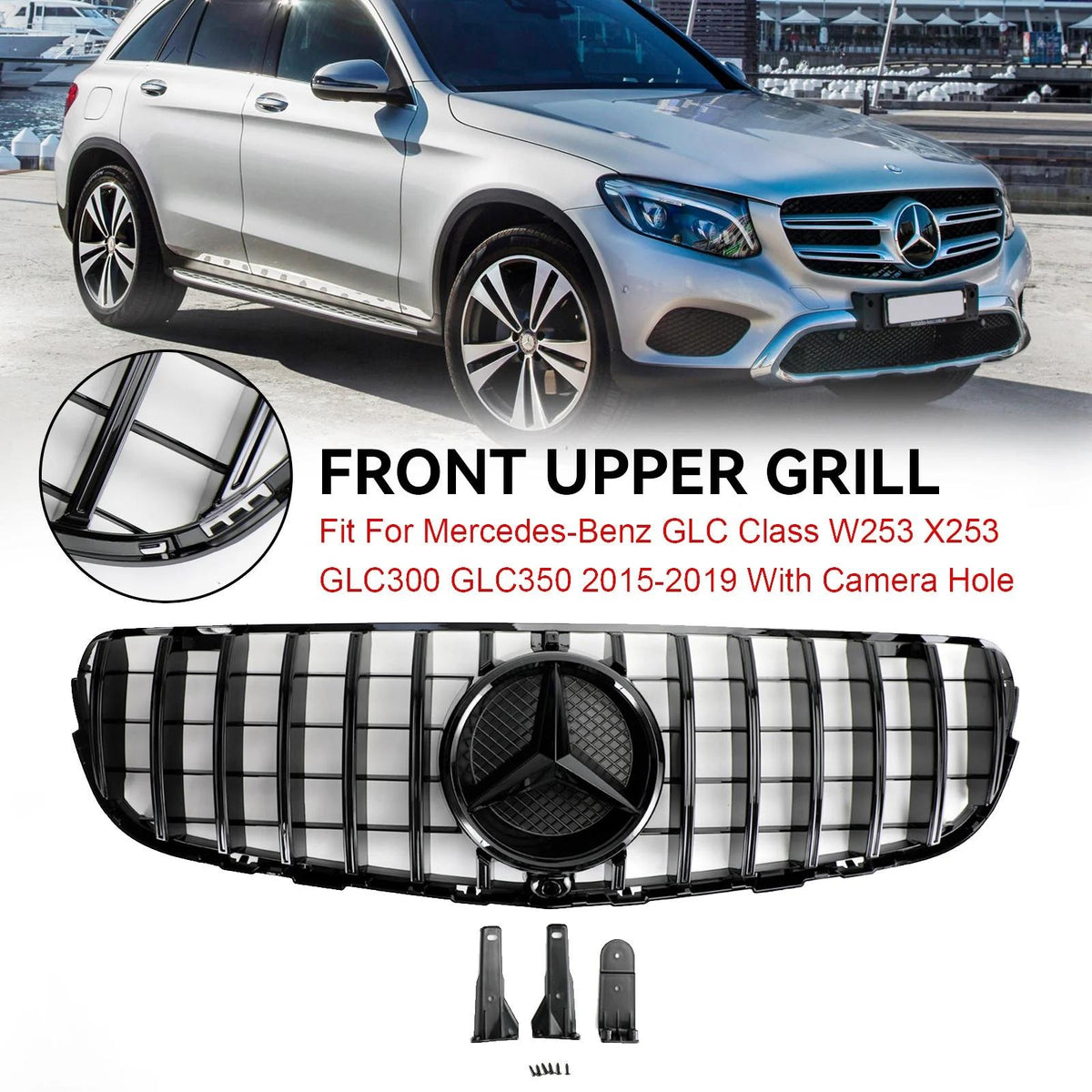 2015-2023 Benz W253 GLC-Class GLC300 GLC350 Front Bumper Grille Gloss Black Grill With Camera Hole Generic